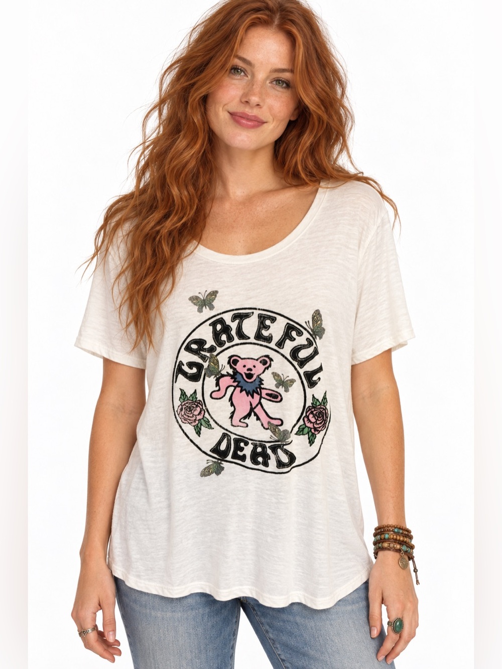 Grateful Dead Lucky Brand Dancing Bear Roses Flocked Graphic Tee XL